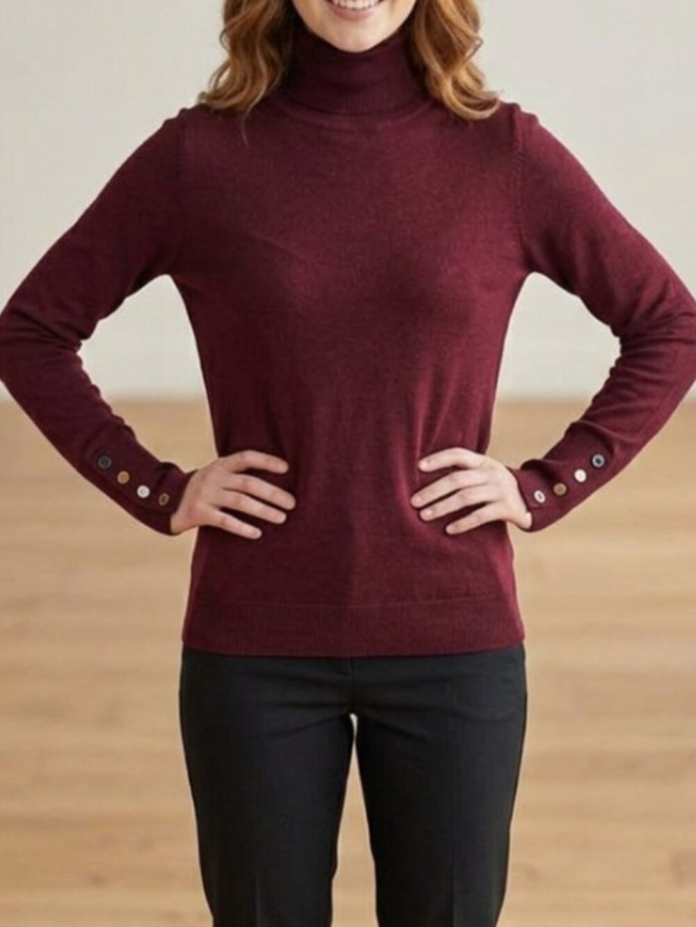 ZARA Burgundy Knit Turtleneck Sweater with Gold Button Cuffs